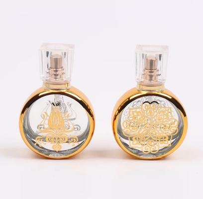 UV Engraving Empty Luxury Golden Glass 30ml Perfume Bottle With Clear Plastic Lid