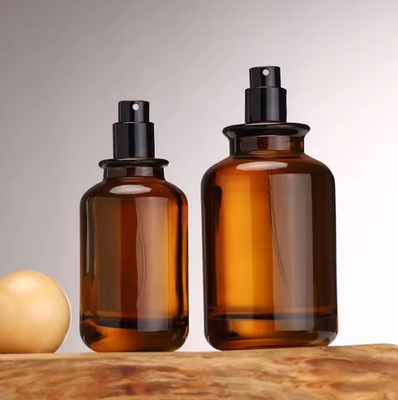 New Luxury Cylinder Shape Amber Spray Glass Bottle 30ml 50ml 100ml Cosmetic Amber Perfume Bottle With Round Wooden Lids